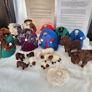 Vintage handmade Nativity Christmas wool Mohair & silk set 90's needle felted